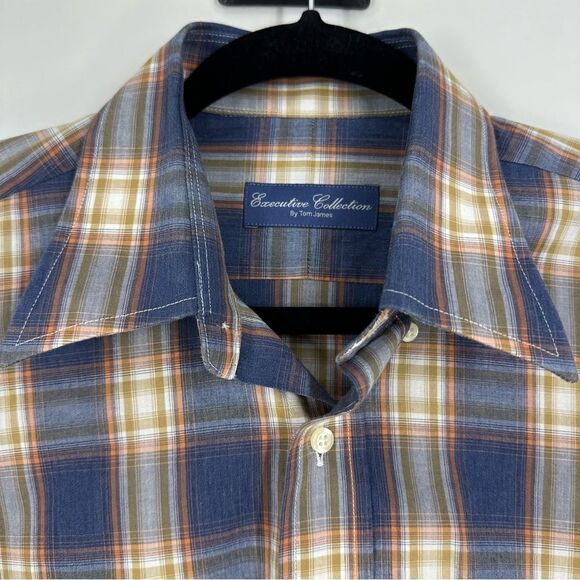 EXECUTIVE COLLECTION BY Tom James Navy Orange Plaid Long-sleeve Button Down Sz M - Picture 2 of 4